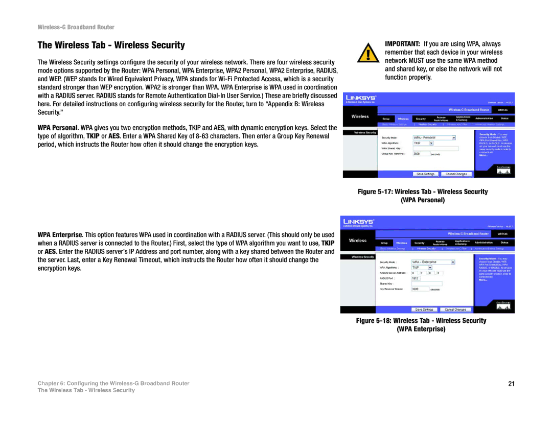 Linksys WRT54G-TM manual Wireless Tab Wireless Security WPA Personal 