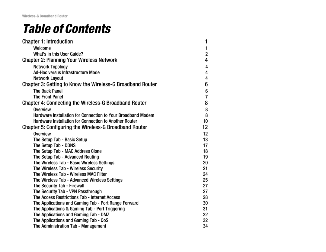 Linksys WRT54G-TM manual Table of Contents 