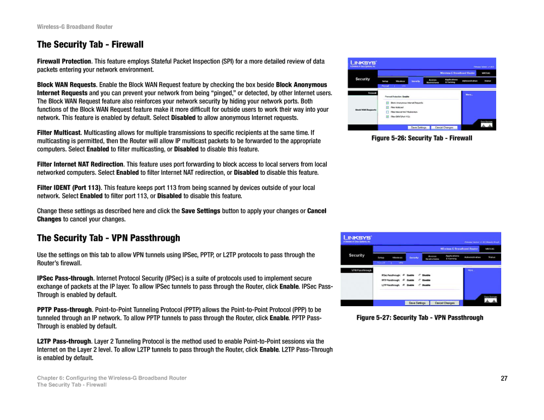 Linksys WRT54G-TM manual Security Tab Firewall, Security Tab VPN Passthrough 