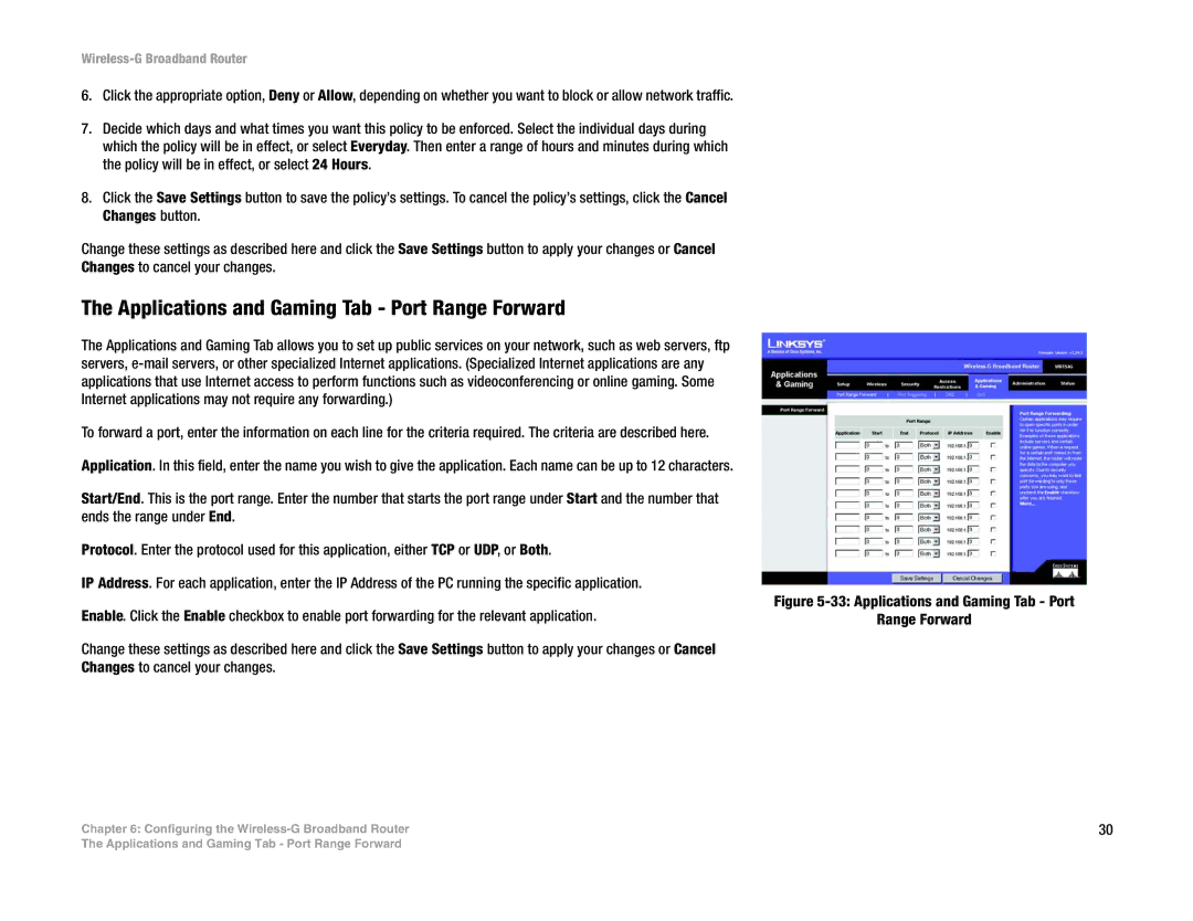 Linksys WRT54G-TM manual Applications and Gaming Tab Port Range Forward 