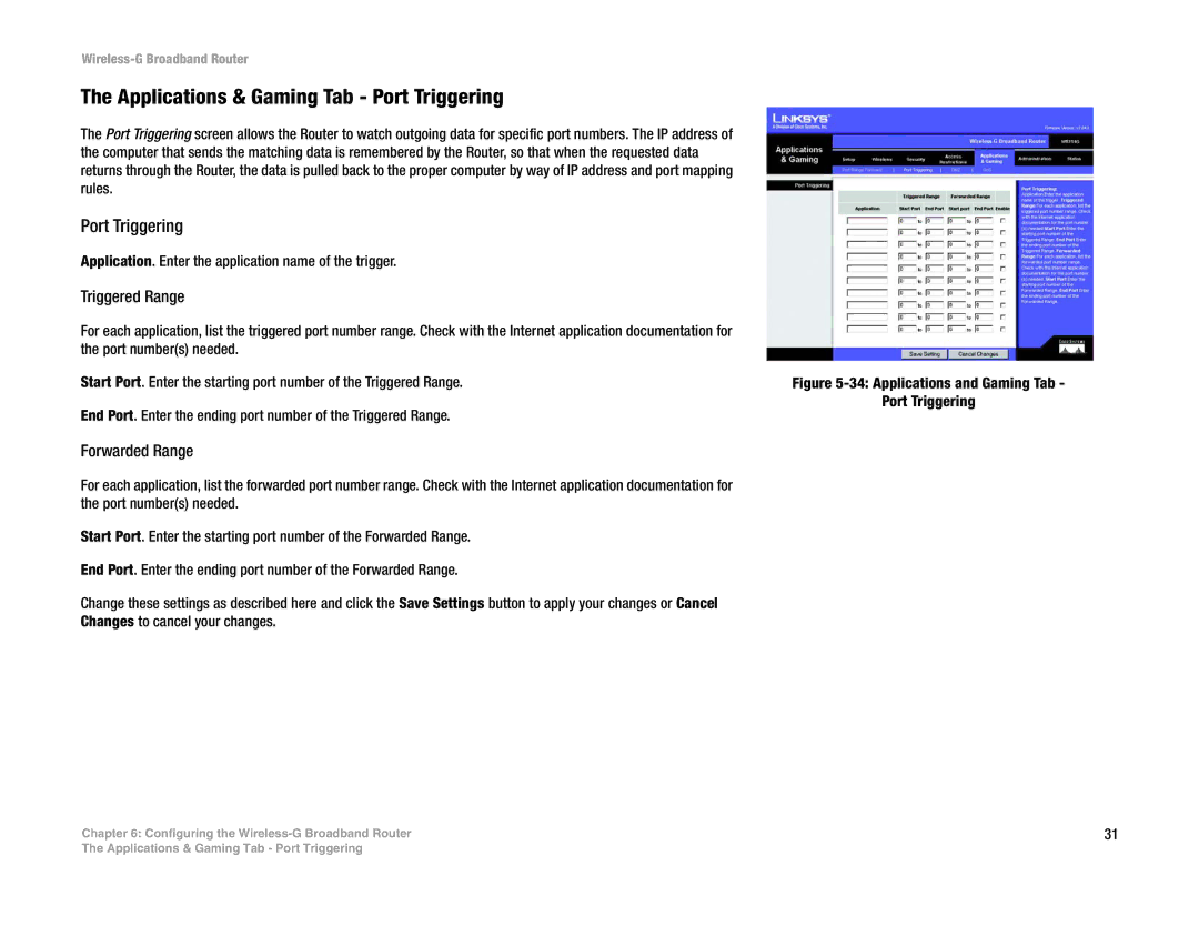 Linksys WRT54G-TM manual Applications & Gaming Tab Port Triggering 