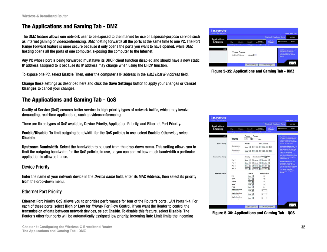 Linksys WRT54G-TM manual Applications and Gaming Tab DMZ, Applications and Gaming Tab QoS 