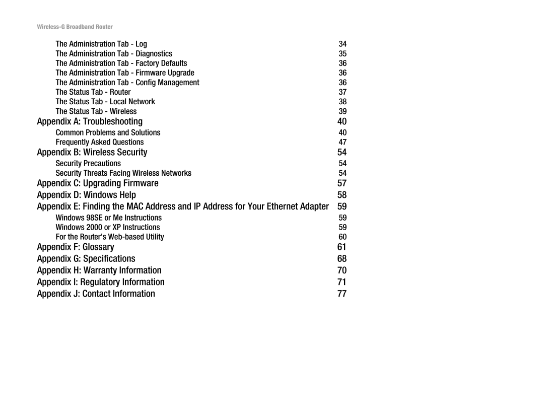 Linksys WRT54G-TM manual Appendix a Troubleshooting, Appendix B Wireless Security 