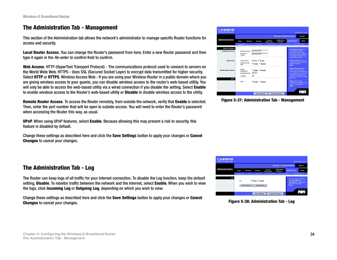 Linksys WRT54G-TM manual Administration Tab Management, Administration Tab Log 