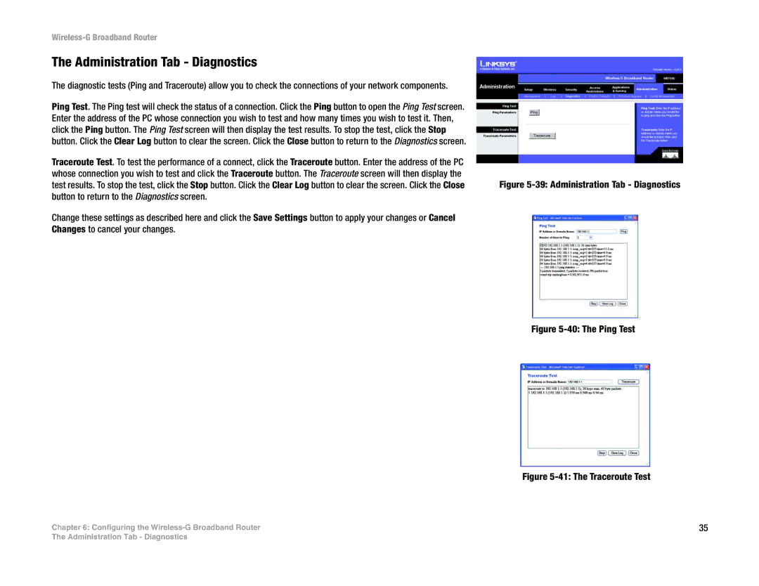 Linksys WRT54G-TM manual Administration Tab Diagnostics 