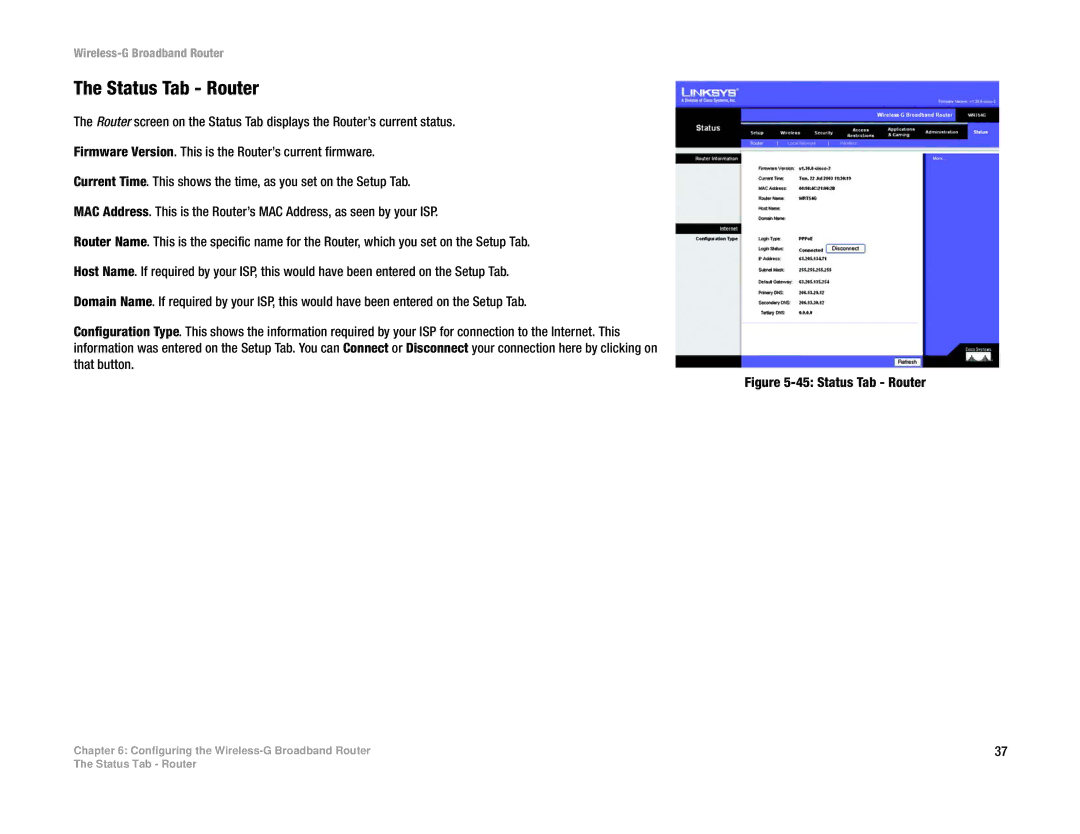 Linksys WRT54G-TM manual Status Tab Router 