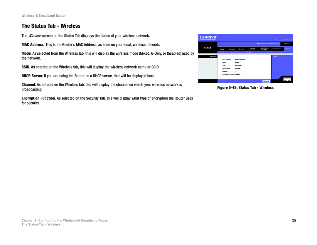 Linksys WRT54G-TM manual Status Tab Wireless 