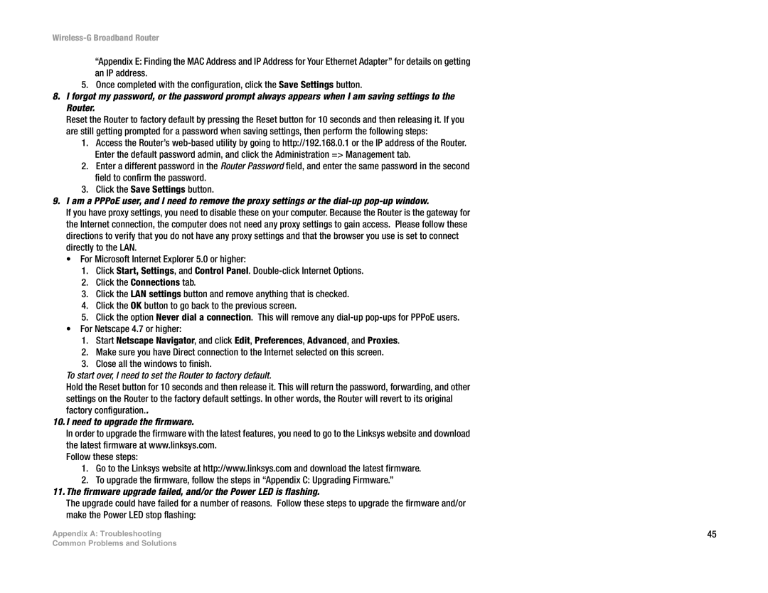 Linksys WRT54G-TM manual To start over, I need to set the Router to factory default, Need to upgrade the firmware 
