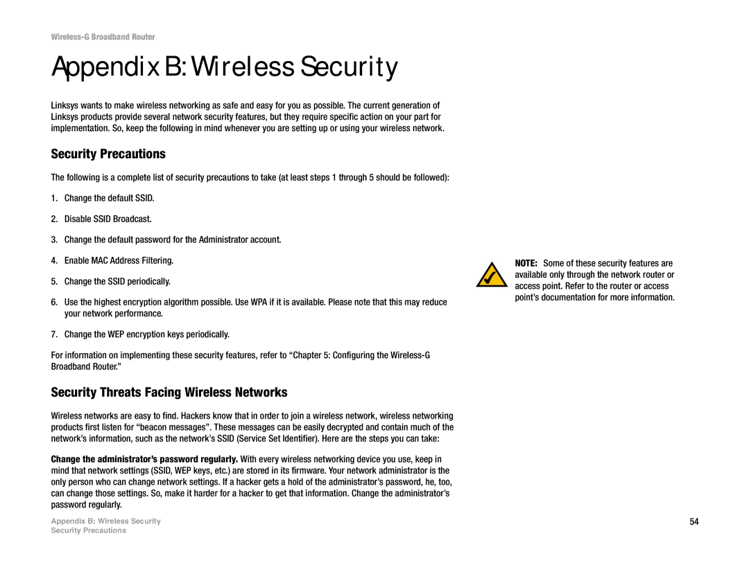 Linksys WRT54G-TM manual Appendix B Wireless Security, Security Precautions, Security Threats Facing Wireless Networks 