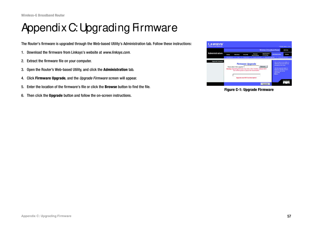 Linksys WRT54G-TM manual Appendix C Upgrading Firmware 