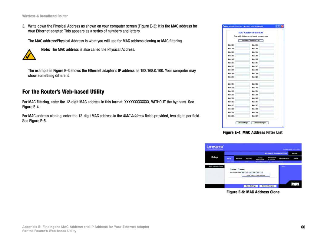 Linksys WRT54G-TM manual For the Router’s Web-based Utility, Figure E-4 MAC Address Filter List 