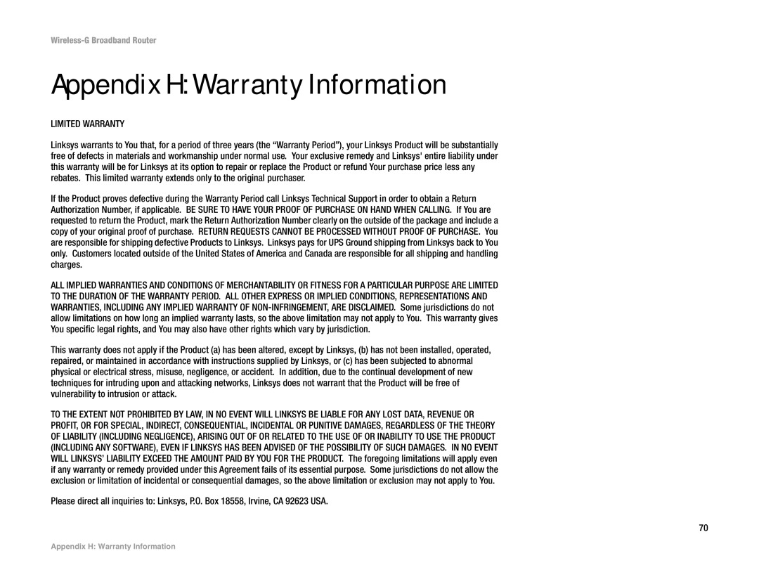 Linksys WRT54G-TM manual Appendix H Warranty Information, Limited Warranty 