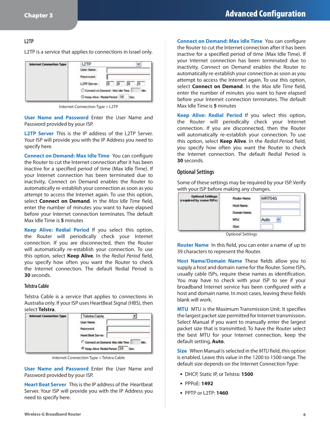 Linksys WRT54G2 manual Optional Settings, Telstra Cable 