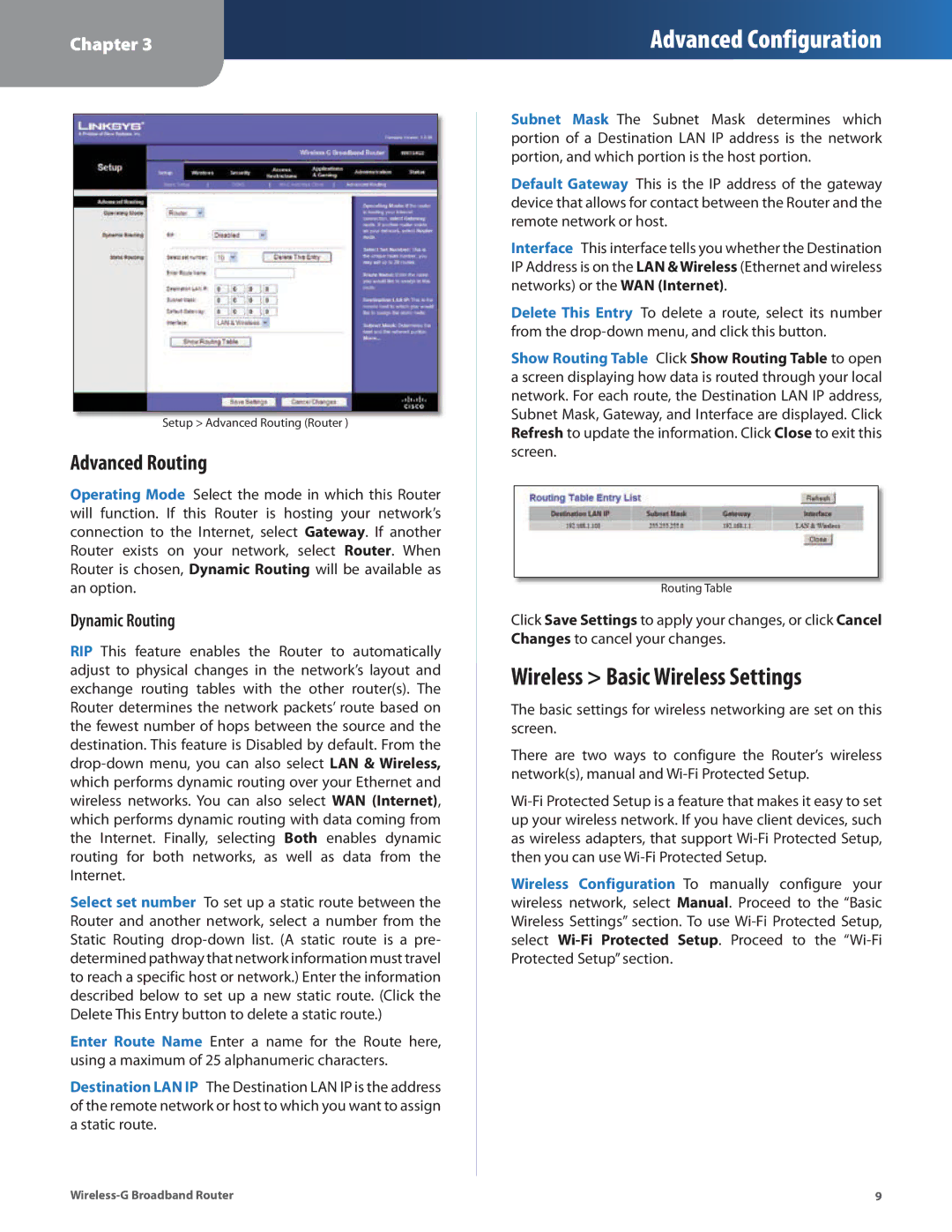 Linksys WRT54G2 manual Wireless Basic Wireless Settings, Advanced Routing, Dynamic Routing 