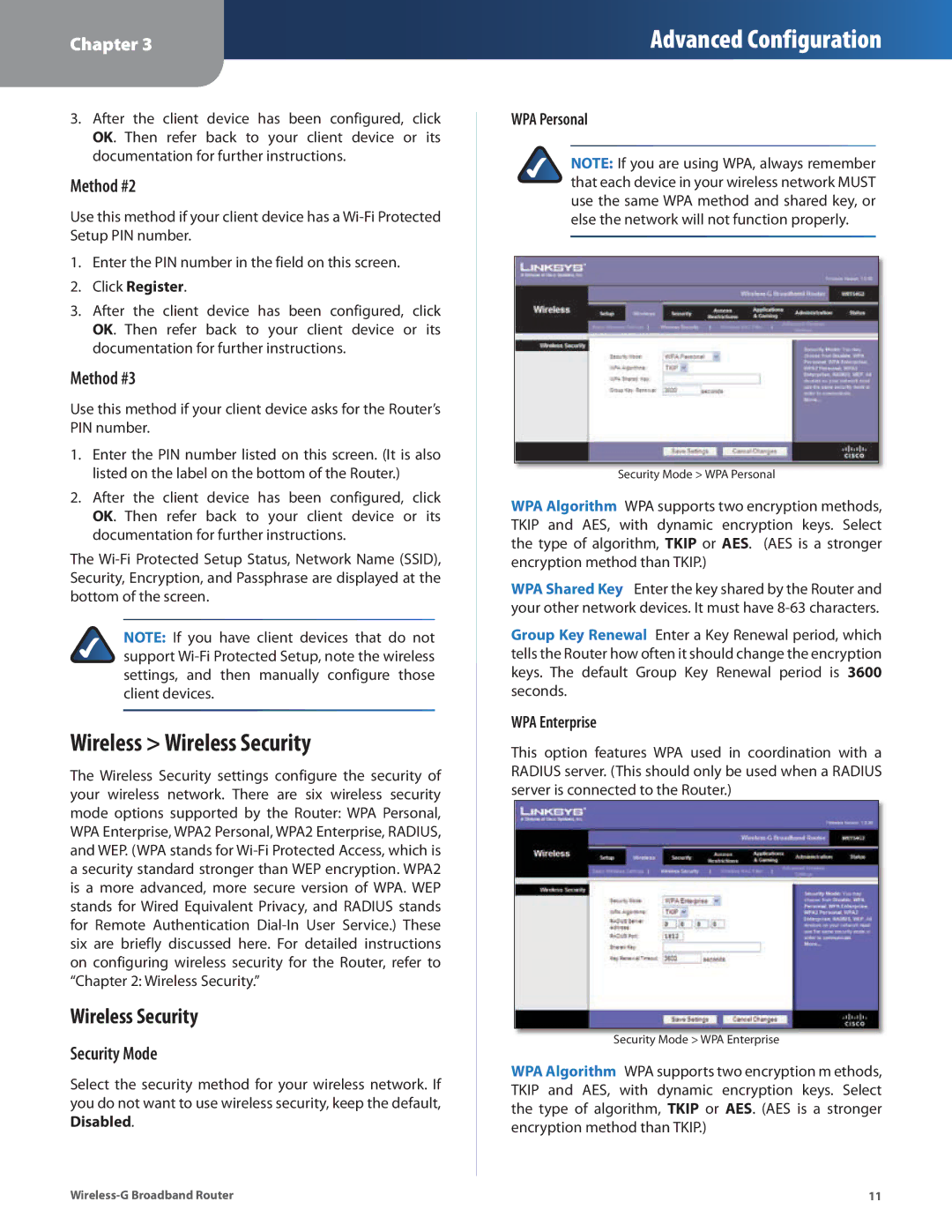 Linksys WRT54G2 manual Wireless Wireless Security, Method #2, Method #3, Security Mode 