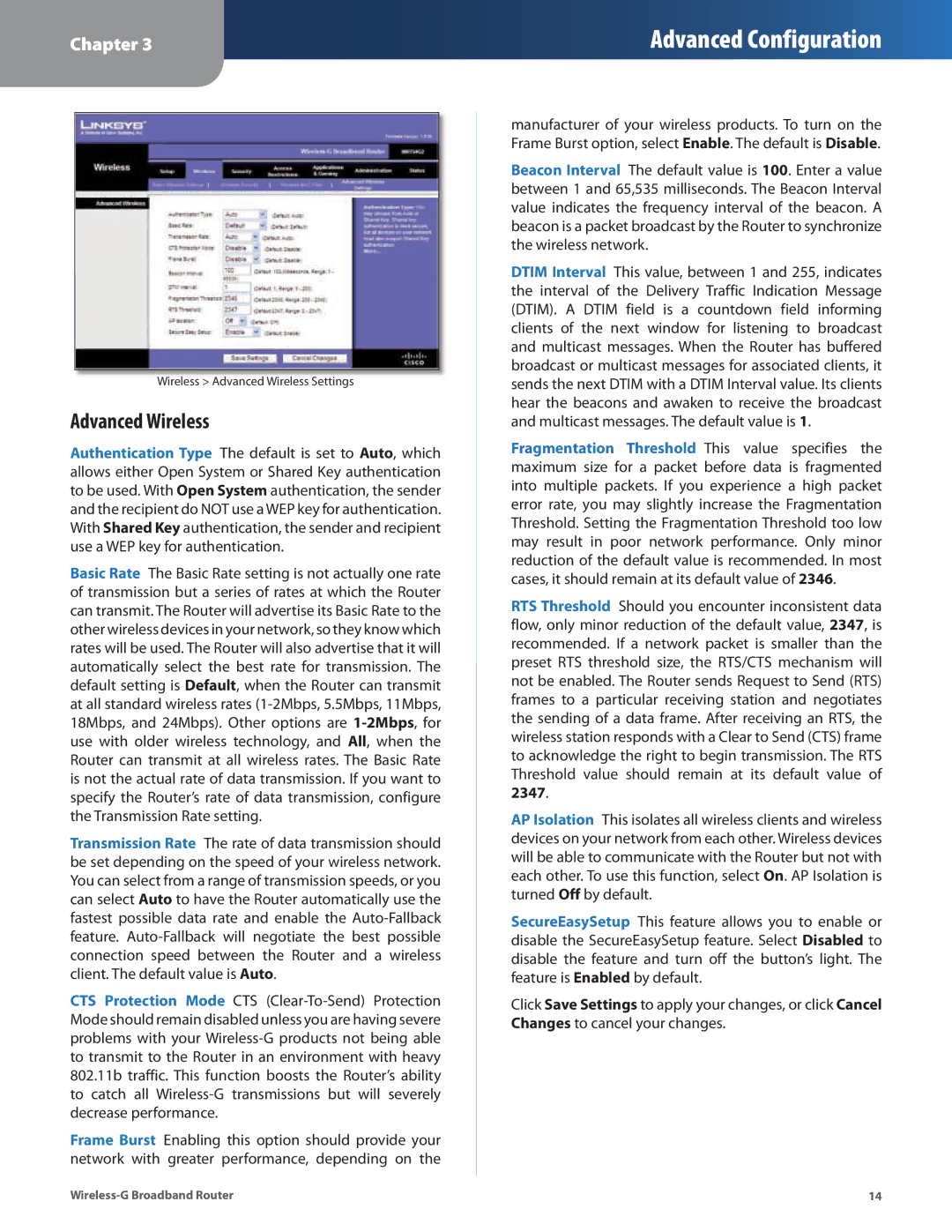 Linksys WRT54G2 manual Advanced Wireless 