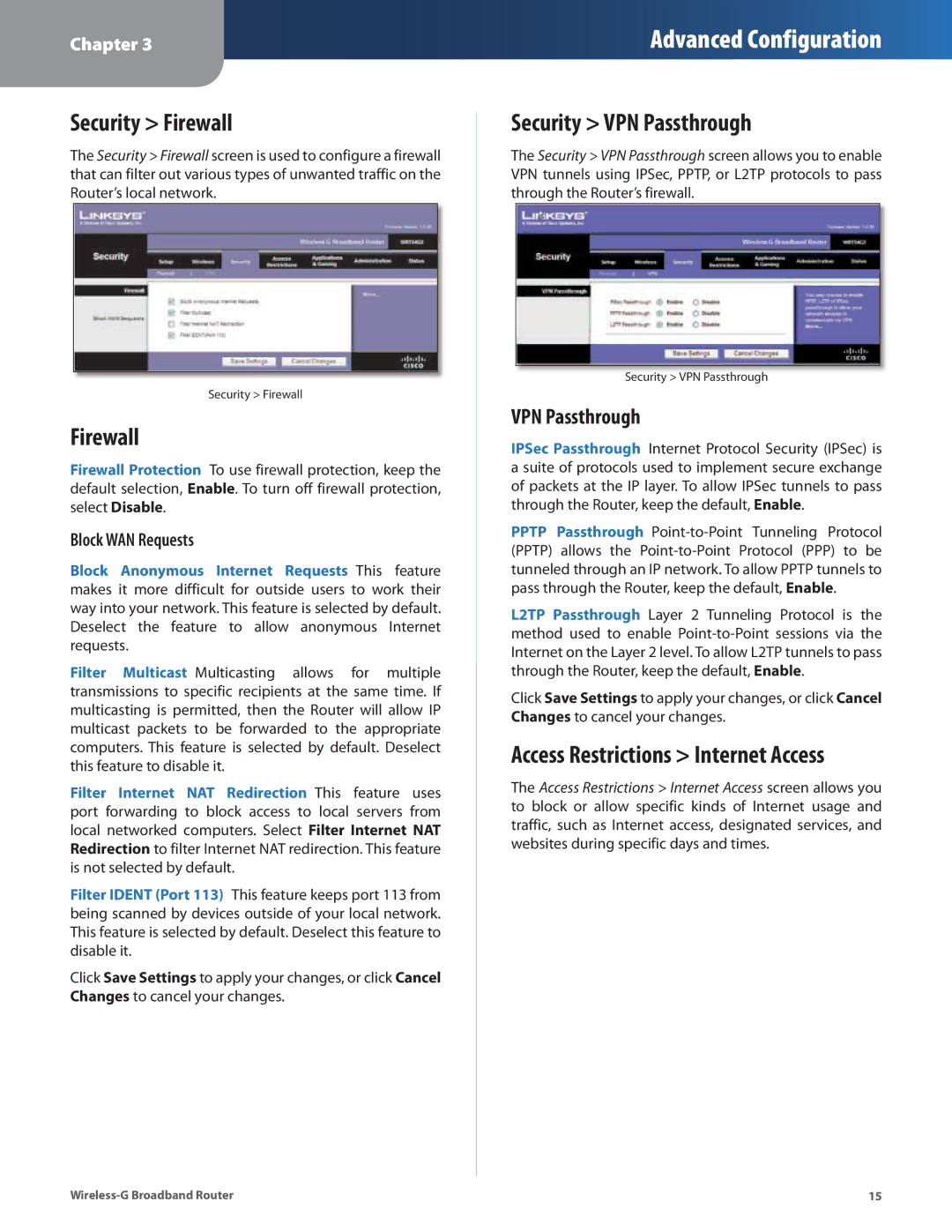 Linksys WRT54G2 manual Security Firewall, Security VPN Passthrough, Block WAN Requests 