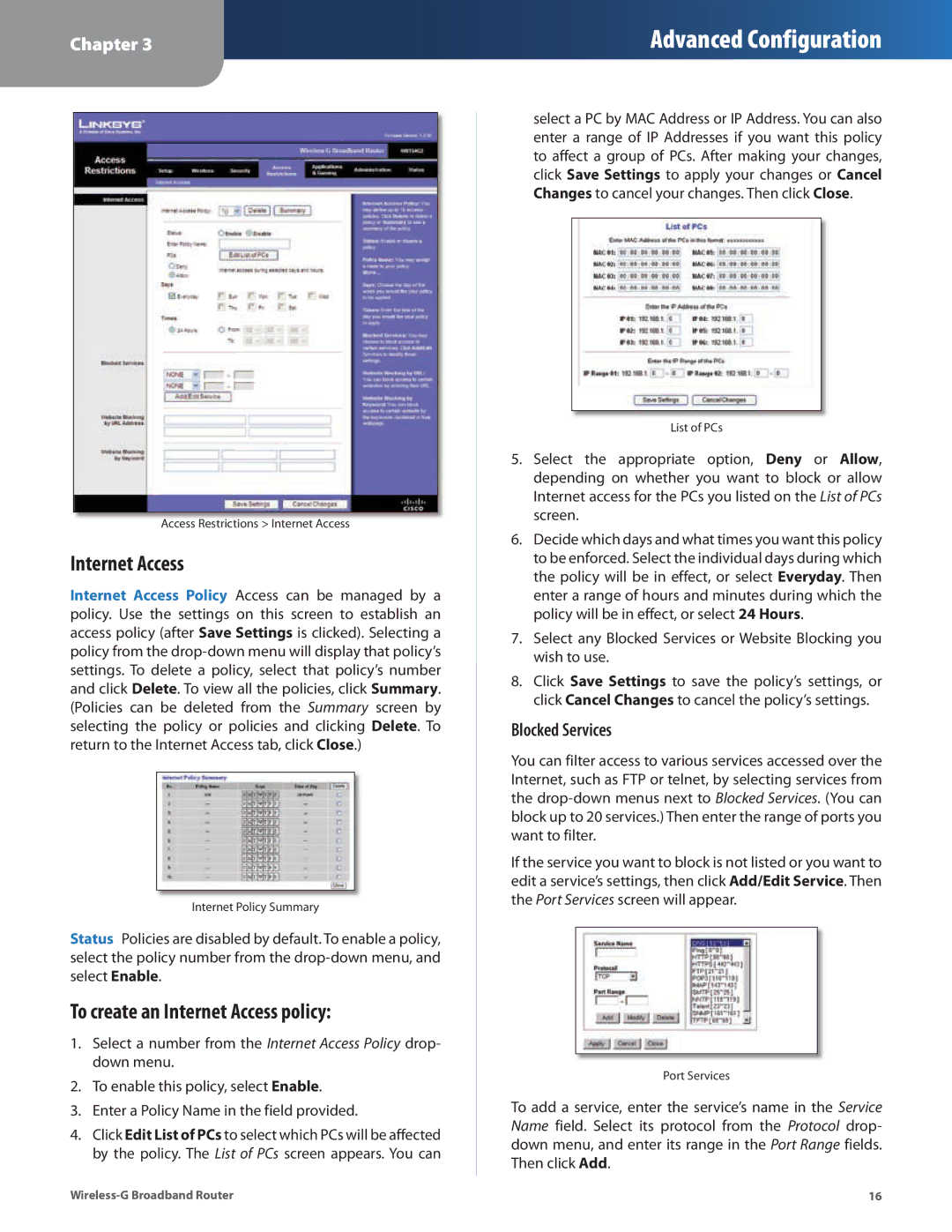 Linksys WRT54G2 manual To create an Internet Access policy, Blocked Services 