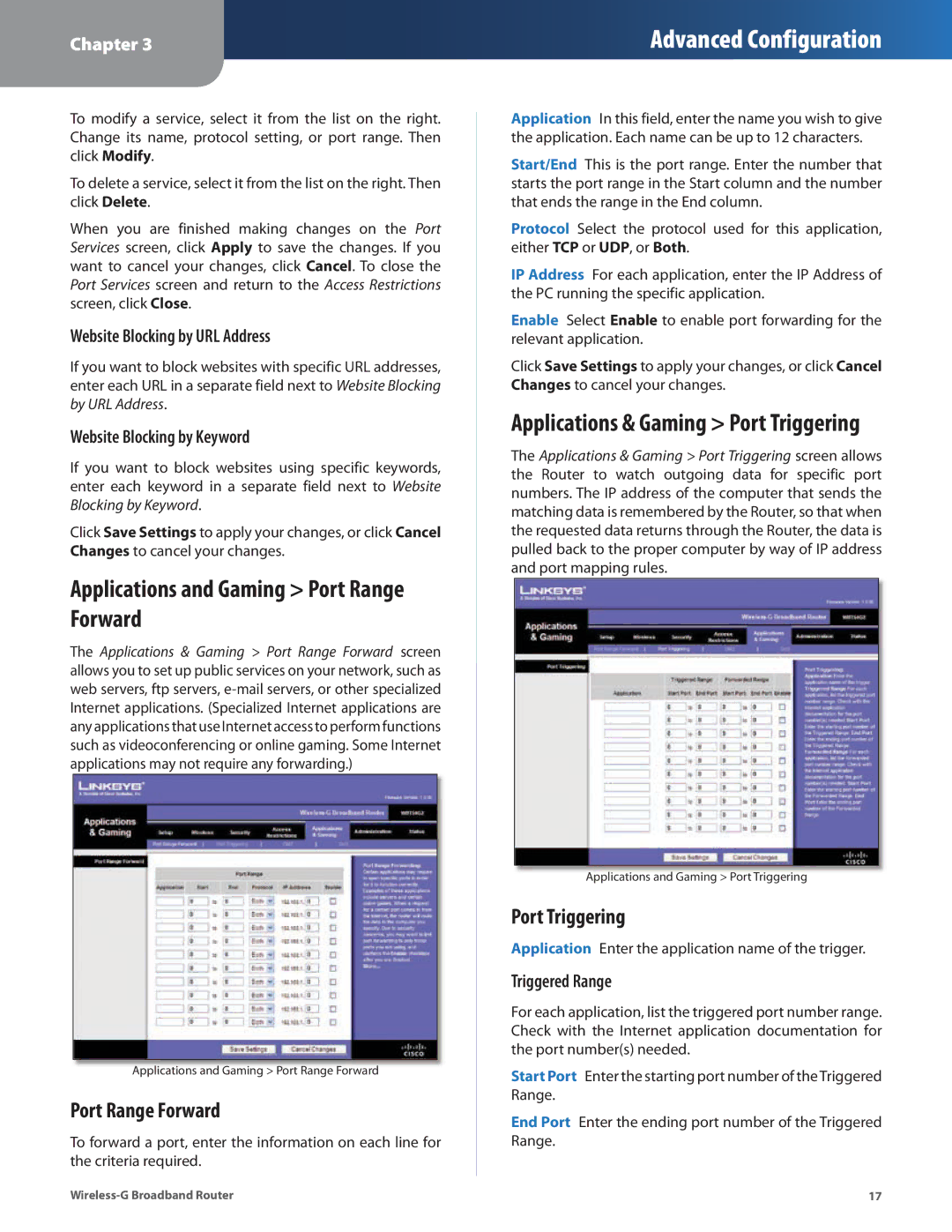 Linksys WRT54G2 manual Applications and Gaming Port Range Forward, Applications & Gaming Port Triggering 