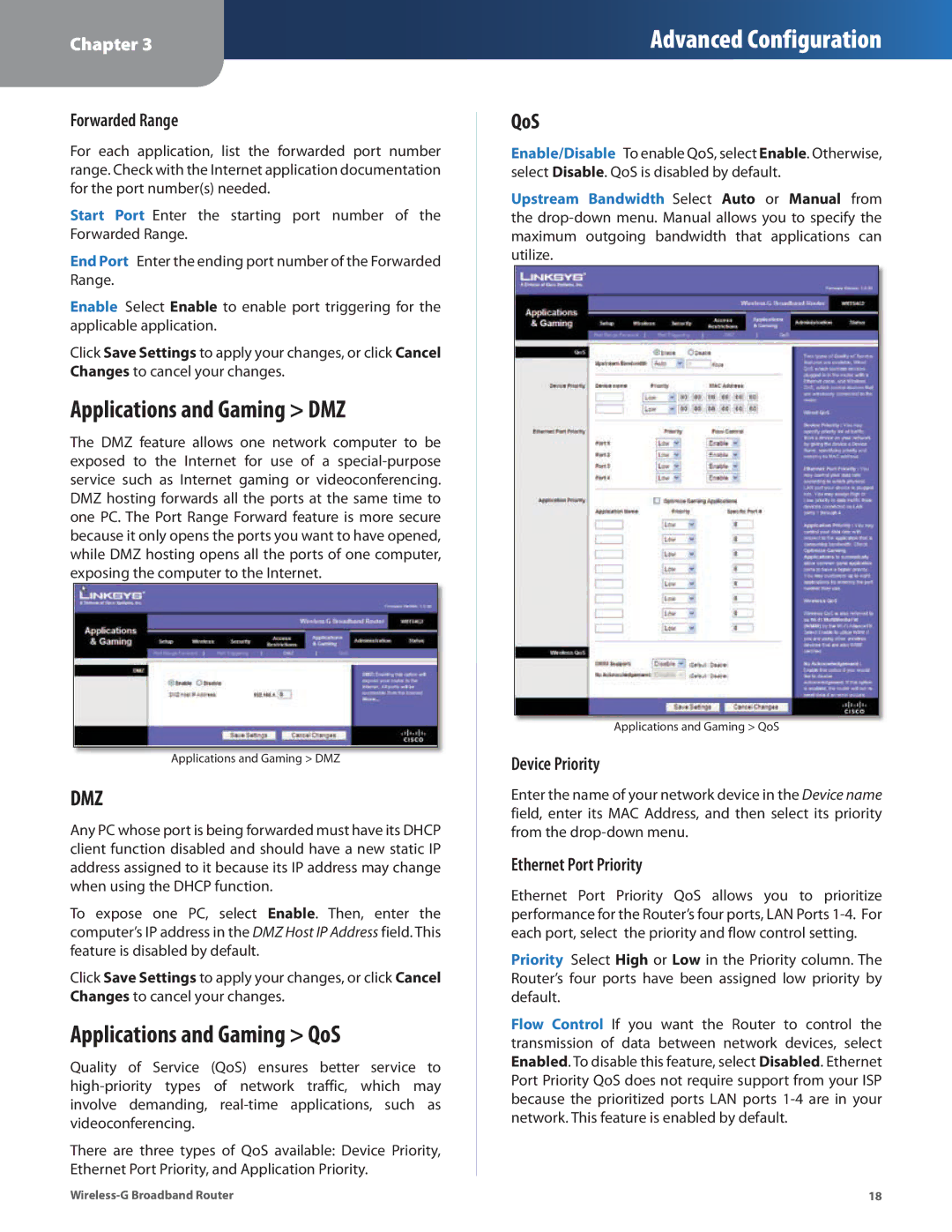 Linksys WRT54G2 manual Applications and Gaming DMZ, Applications and Gaming QoS 