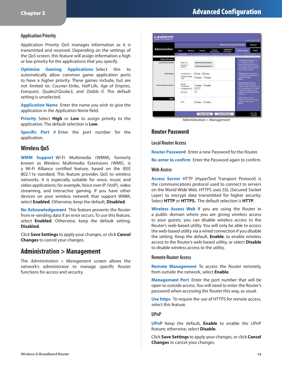 Linksys WRT54G2 manual Administration Management, Wireless QoS, Router Password 