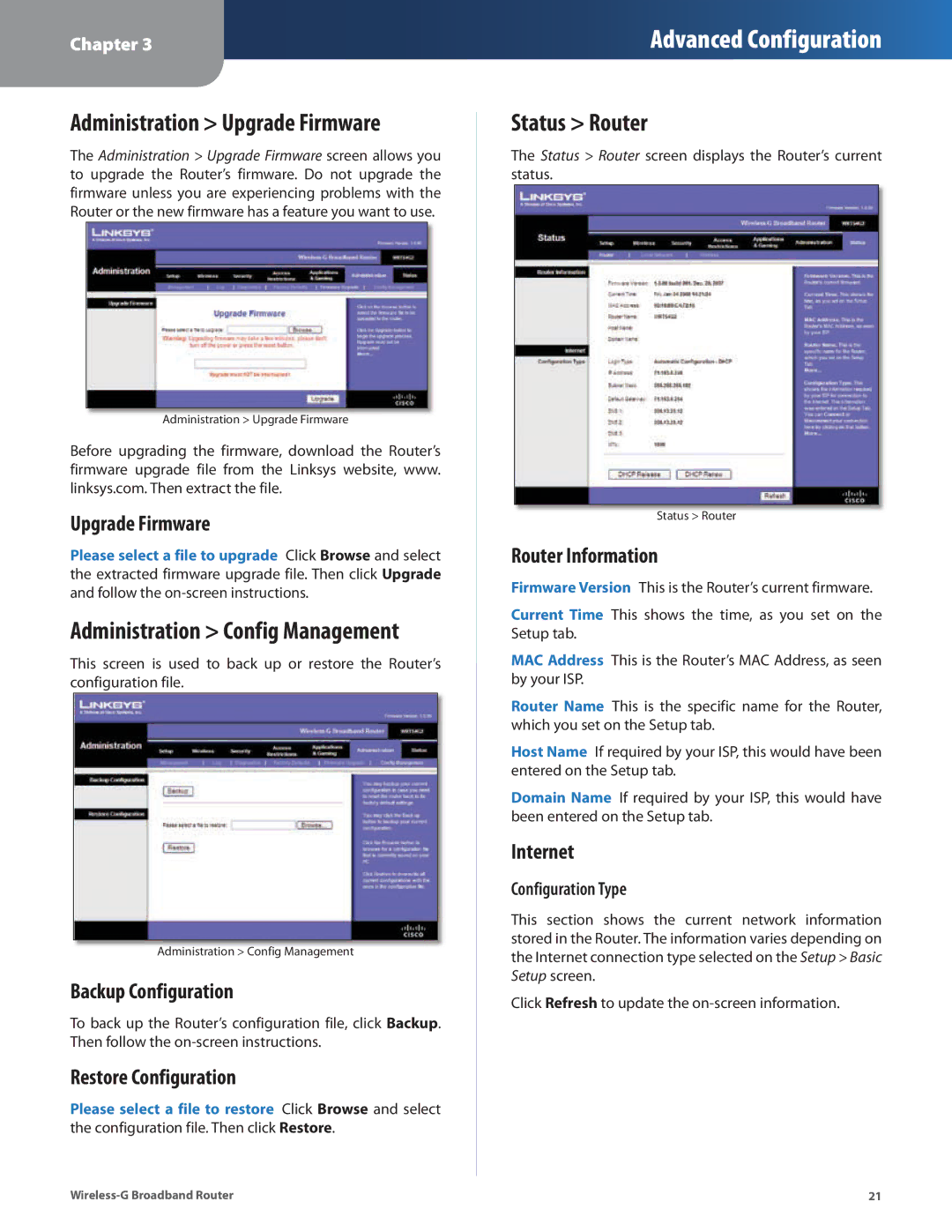 Linksys WRT54G2 manual Administration Upgrade Firmware, Administration Config Management, Status Router 