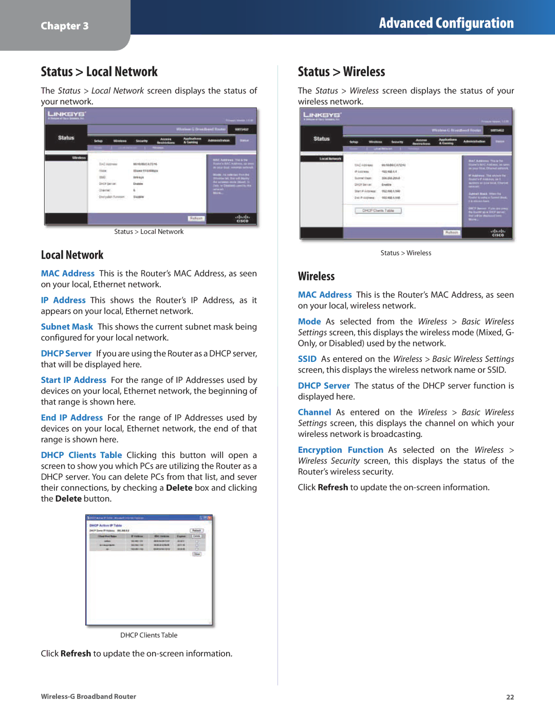 Linksys WRT54G2 manual Status Local Network, Status Wireless 