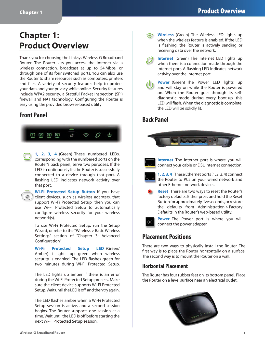 Linksys WRT54G2 manual Chapter Product Overview, Front Panel, Back Panel, Placement Positions, Horizontal Placement 