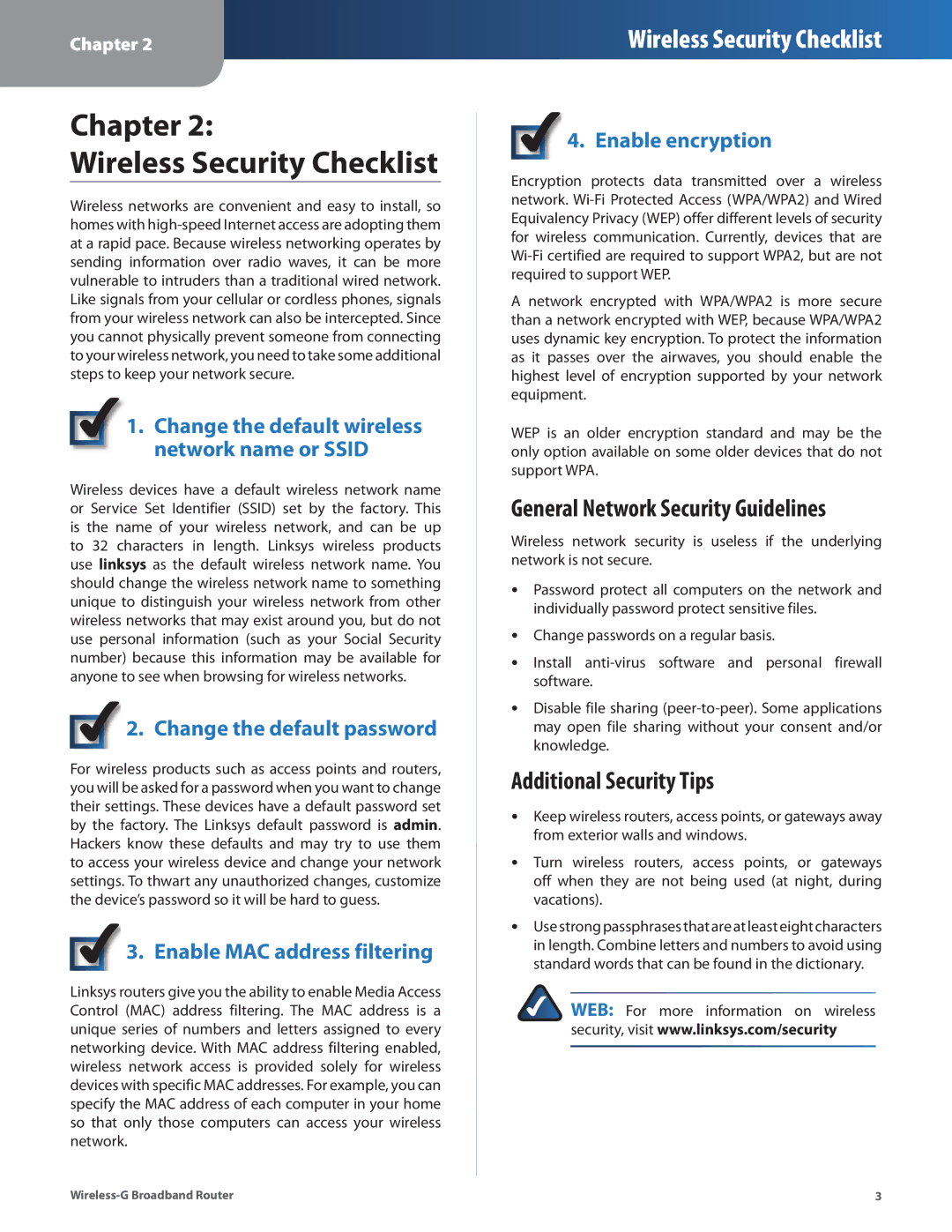 Linksys WRT54G2 manual Chapter Wireless Security Checklist, General Network Security Guidelines, Additional Security Tips 