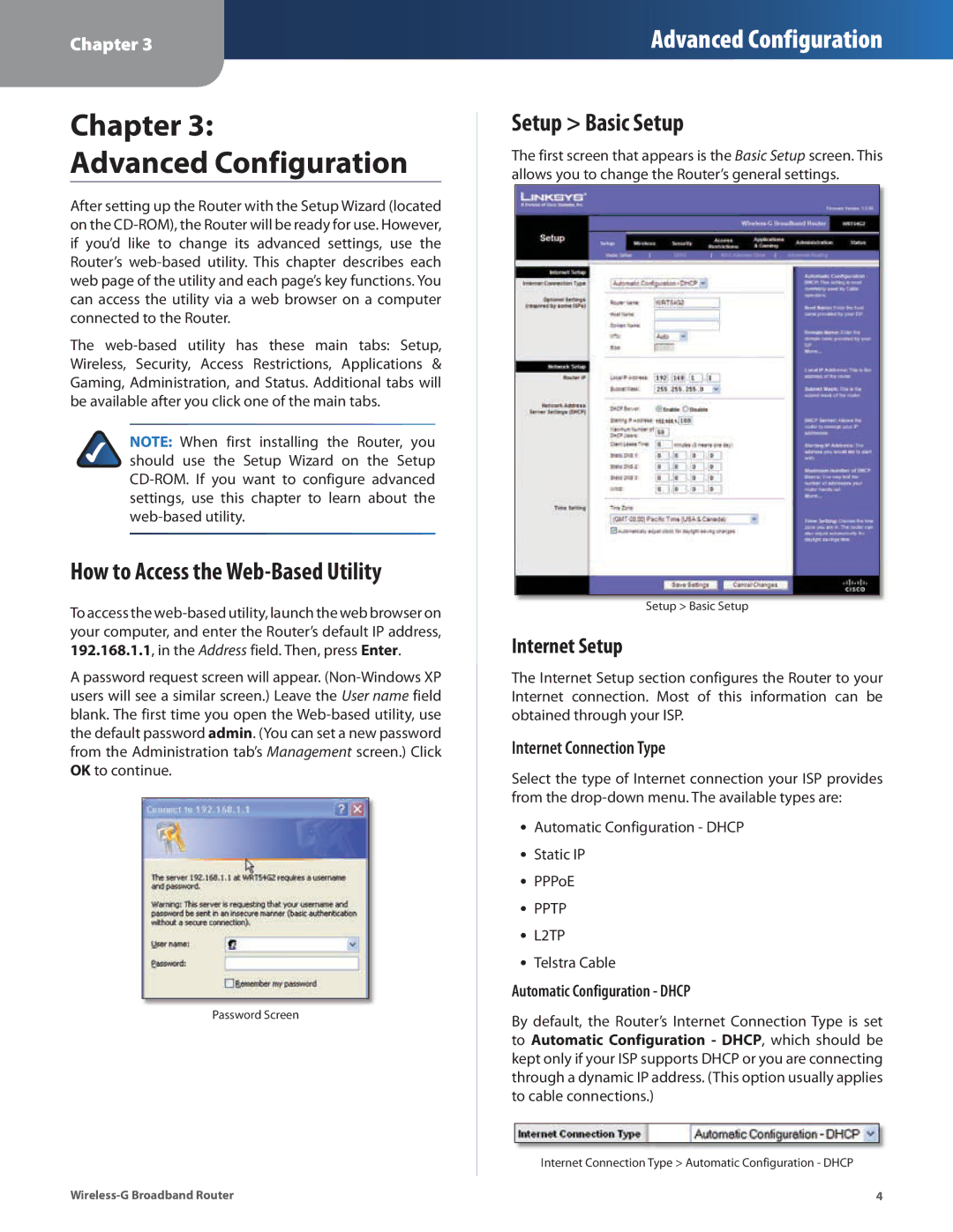 Linksys WRT54G2 Chapter Advanced Configuration, How to Access the Web-Based Utility, Setup Basic Setup, Internet Setup 