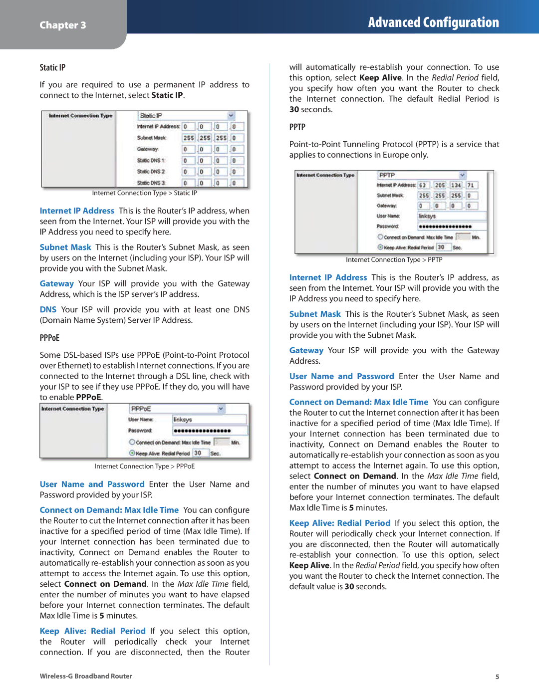 Linksys WRT54G2 manual Static IP, PPPoE 