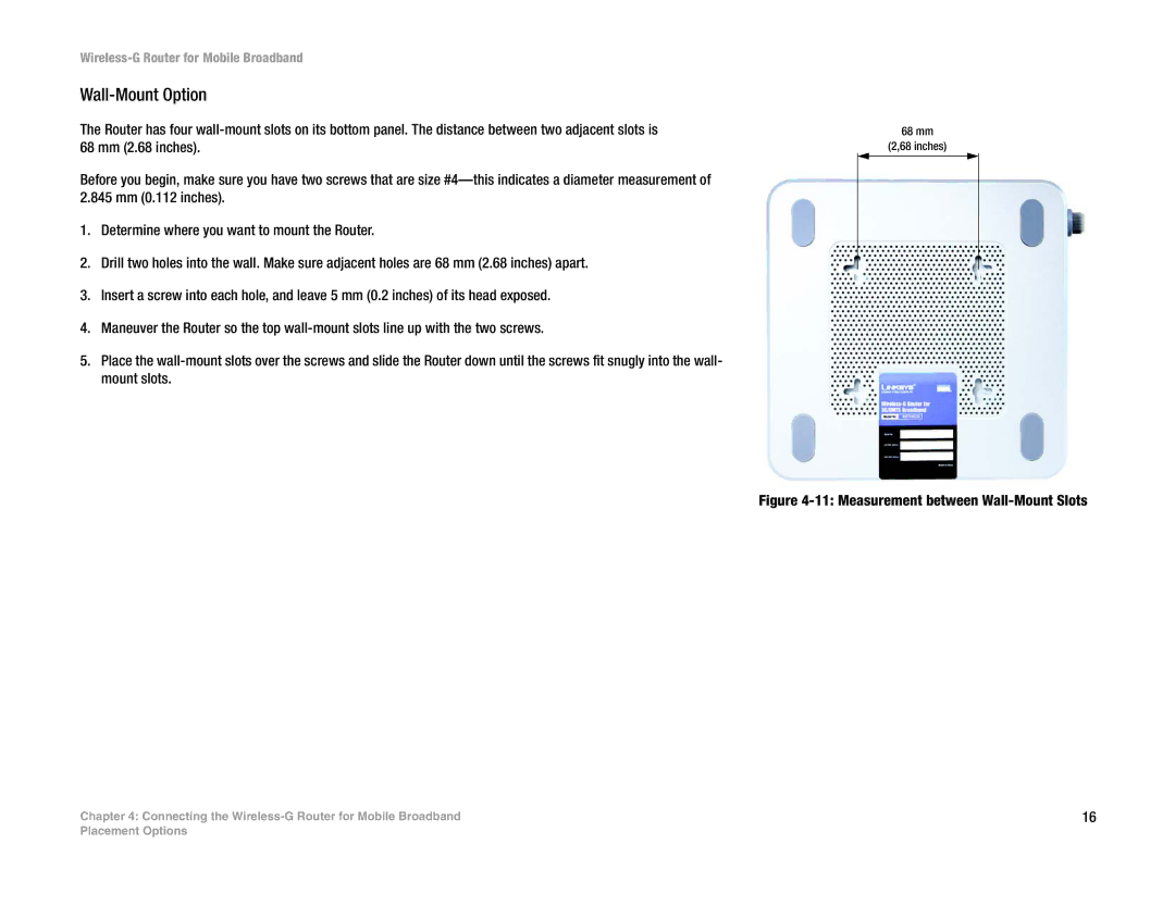 Linksys WRT54G3G-AT manual Wall-Mount Option, Measurement between Wall-Mount Slots 