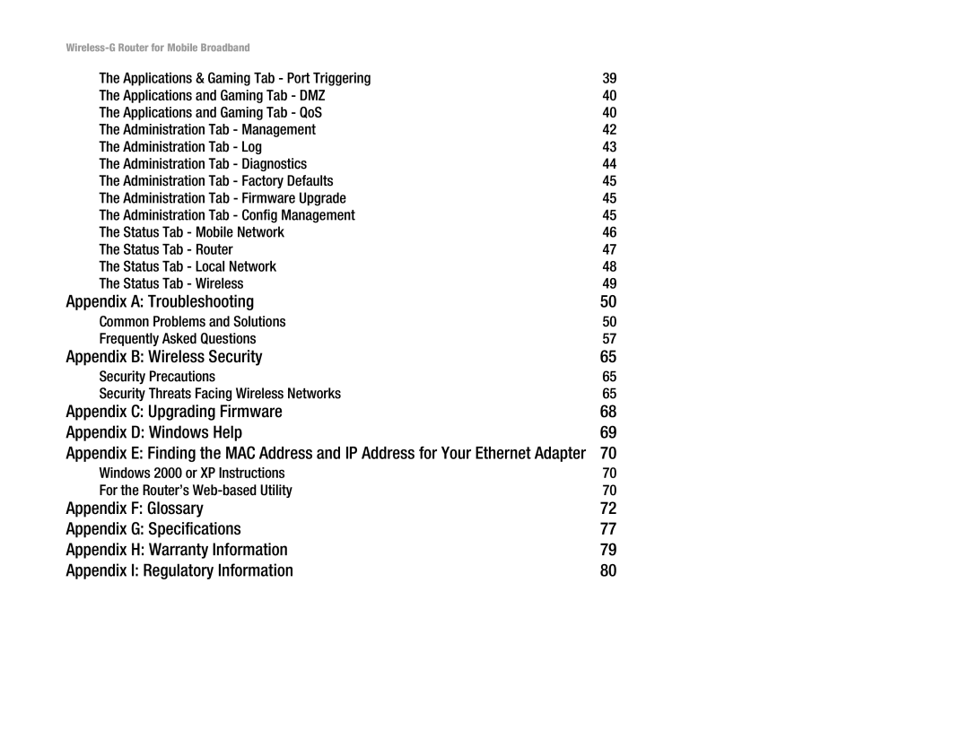 Linksys WRT54G3G-AT manual Appendix a Troubleshooting, Appendix B Wireless Security 