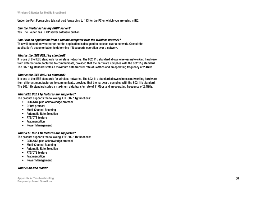 Linksys WRT54G3G-AT manual Can the Router act as my Dhcp server?, What is the Ieee 802.11g standard?, What is ad-hoc mode? 