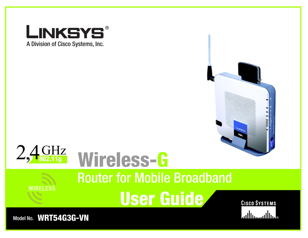 Linksys WRT54G3G-VN manual GHz .11g Wireless- G 