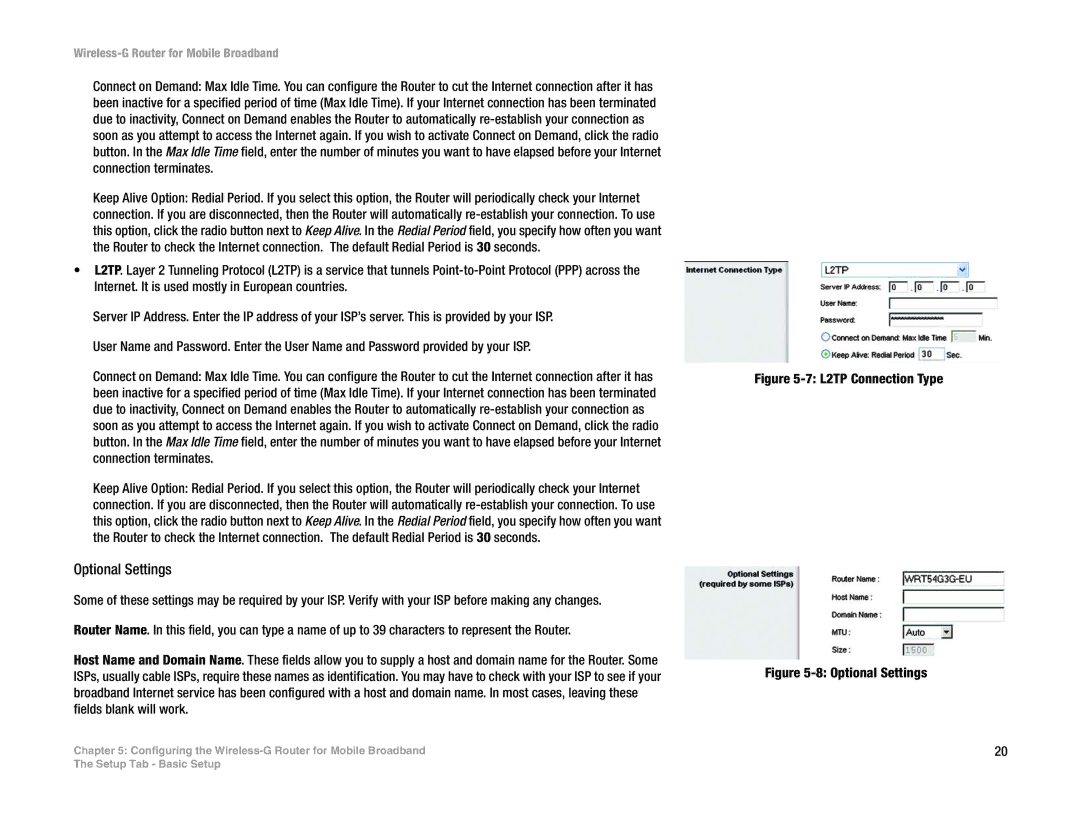 Linksys WRT54G3G-VN manual Optional Settings, L2TP Connection Type 