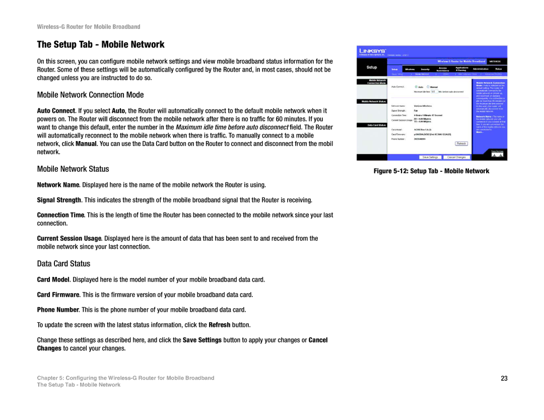 Linksys WRT54G3G-VN Setup Tab Mobile Network, Mobile Network Connection Mode, Mobile Network Status, Data Card Status 