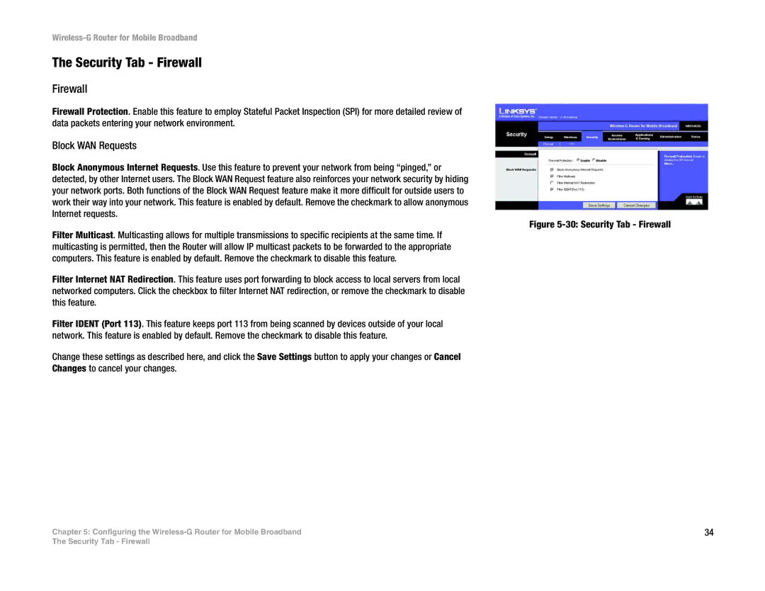 Linksys WRT54G3G-VN manual Security Tab Firewall, Block WAN Requests 