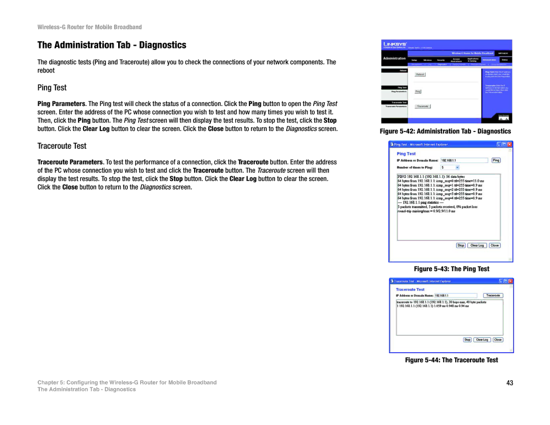 Linksys WRT54G3G-VN manual Administration Tab Diagnostics, Ping Test, Traceroute Test 