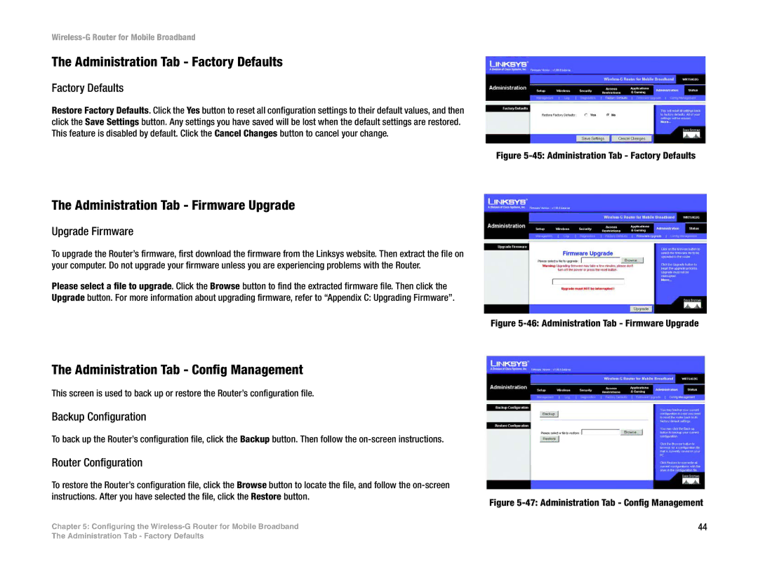 Linksys WRT54G3G-VN manual Administration Tab Factory Defaults, Administration Tab Firmware Upgrade 