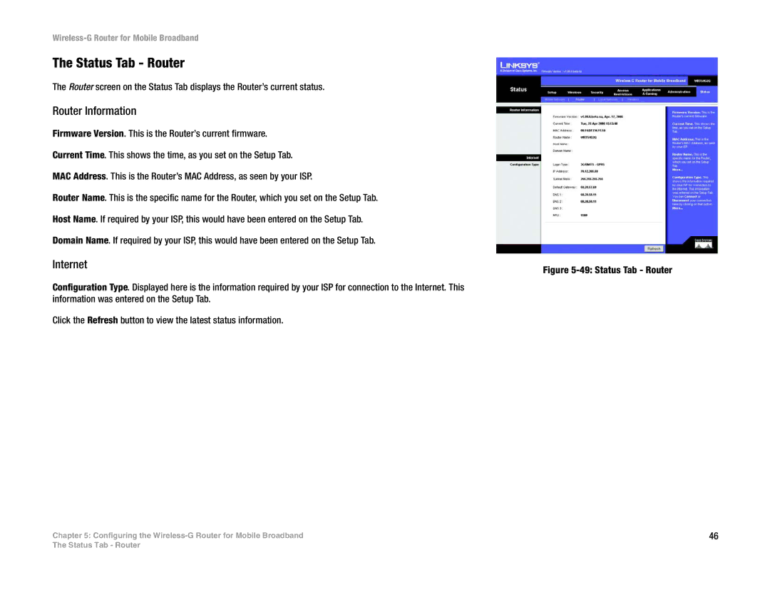 Linksys WRT54G3G-VN manual Status Tab Router, Router Information, Internet 