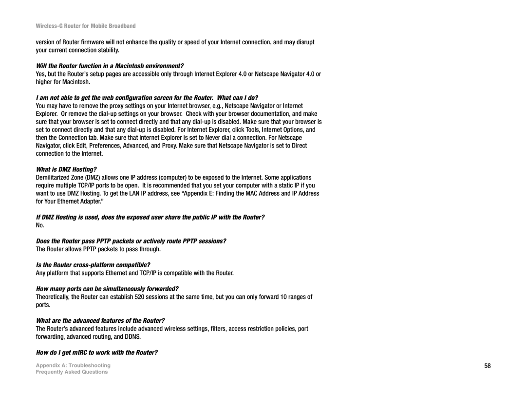 Linksys WRT54G3G-VN manual Will the Router function in a Macintosh environment?, What is DMZ Hosting? 