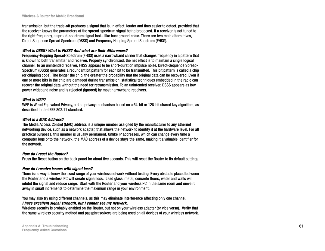 Linksys WRT54G3G-VN What is DSSS? What is FHSS? And what are their differences?, What is WEP?, What is a MAC Address? 