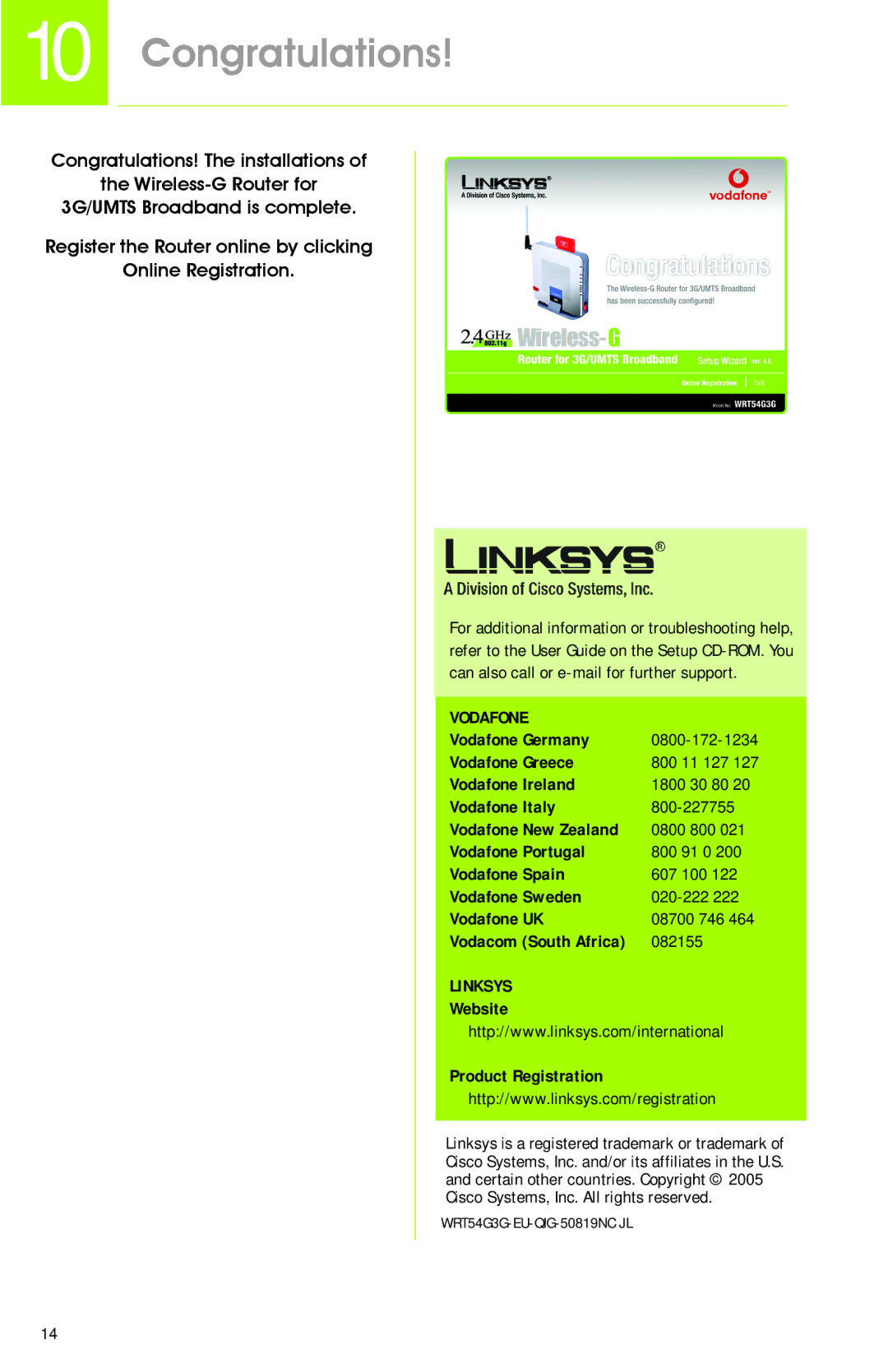 Linksys WRT54G3G manual Congratulations, Vodafone 