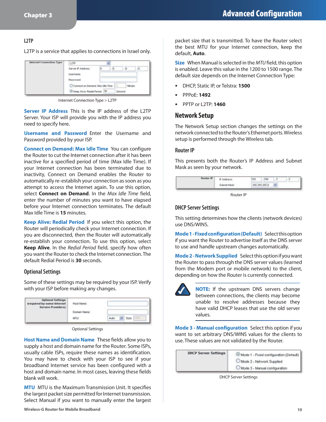 Linksys WRT54G3GV2-ST manual Network Setup, Optional Settings, Router IP, Dhcp Server Settings 