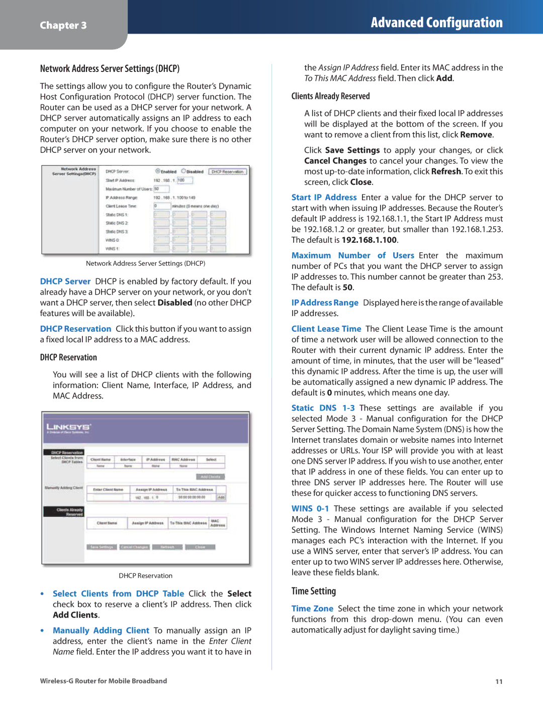 Linksys WRT54G3GV2-ST manual Network Address Server Settings Dhcp, Time Setting, Dhcp Reservation, Clients Already Reserved 