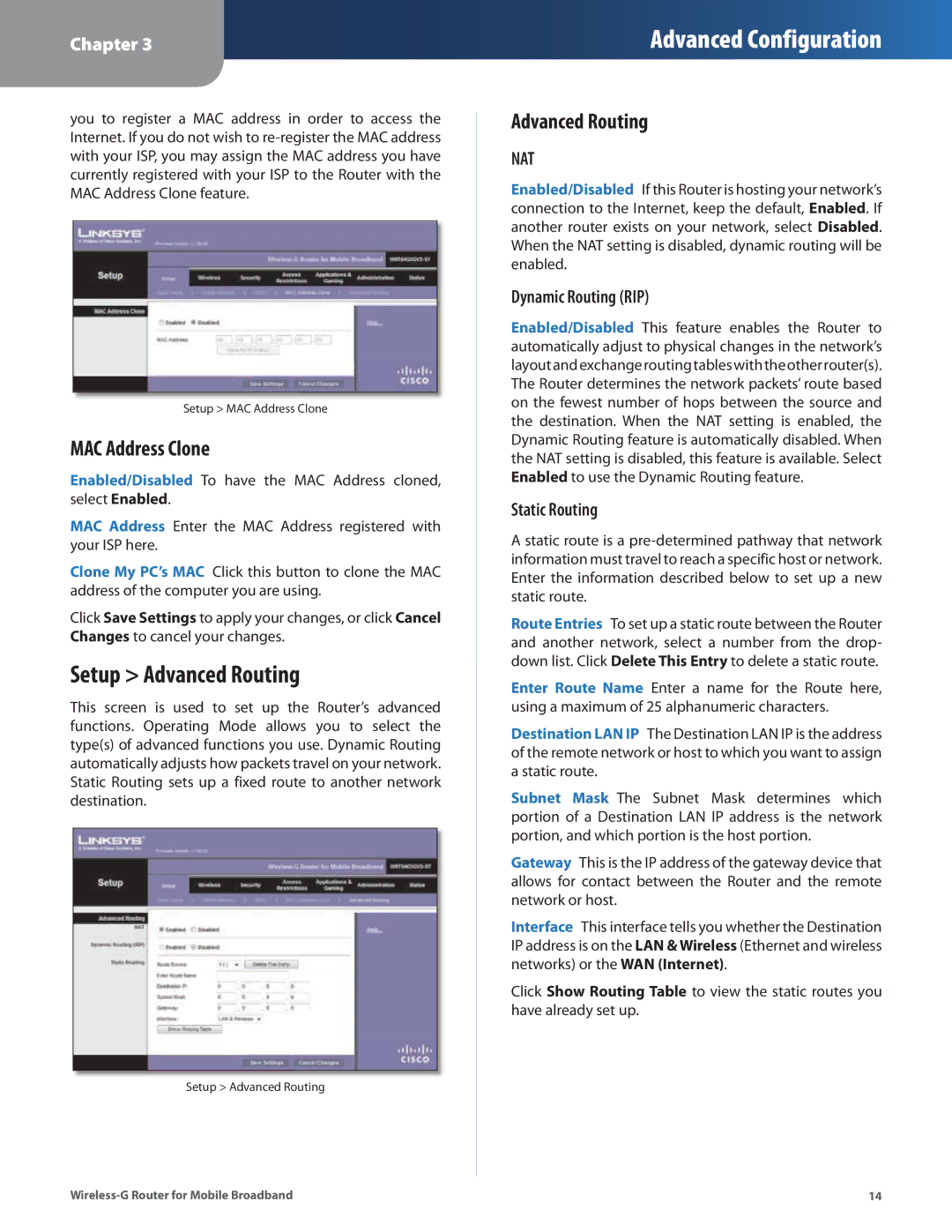 Linksys WRT54G3GV2-ST manual Setup Advanced Routing, MAC Address Clone, Dynamic Routing RIP, Static Routing 