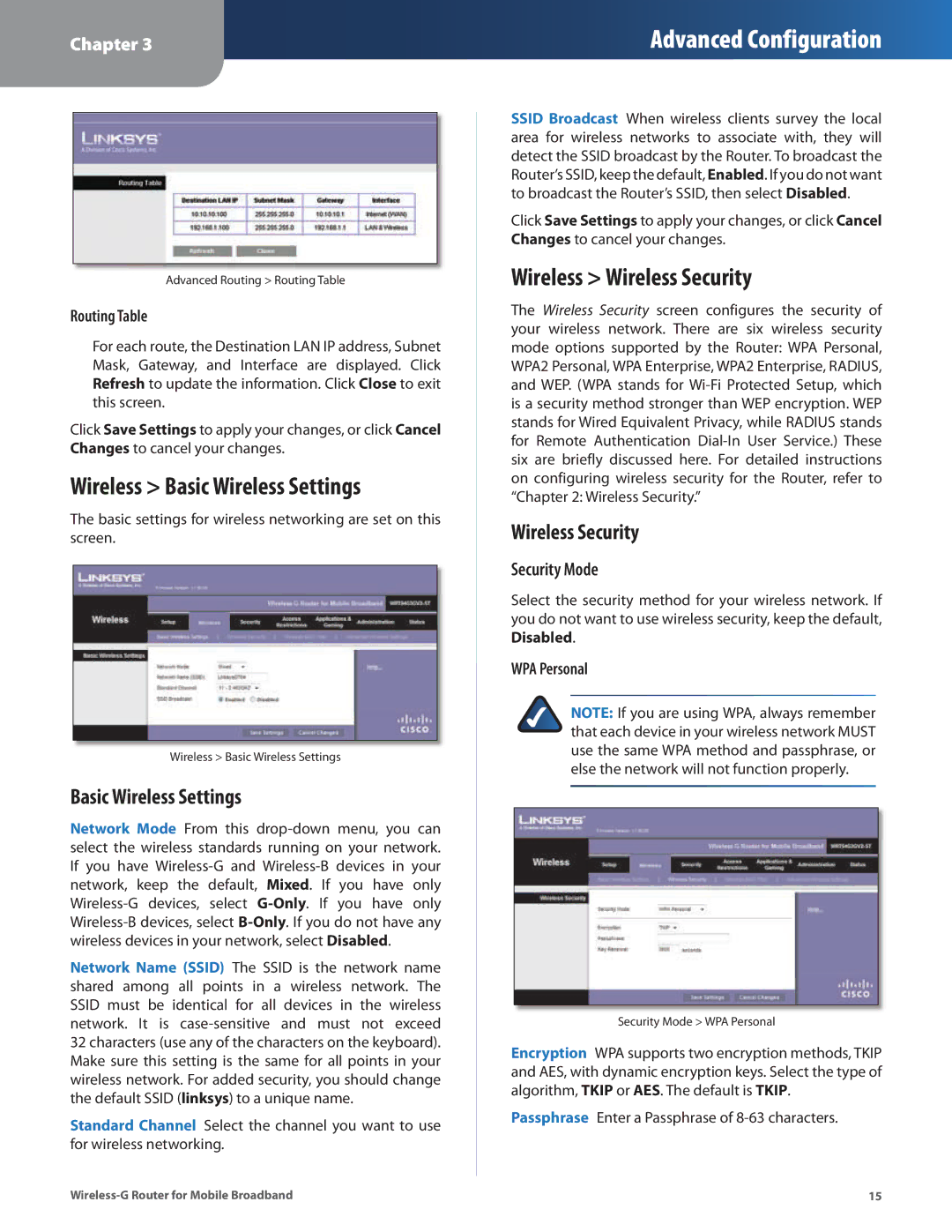Linksys WRT54G3GV2-ST manual Wireless Basic Wireless Settings, Wireless Wireless Security, Security Mode 