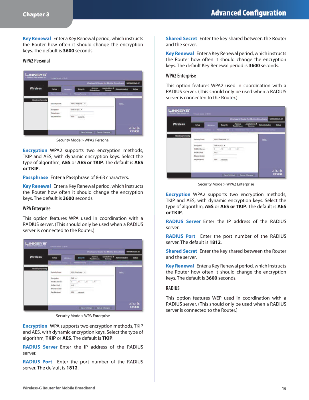 Linksys WRT54G3GV2-ST manual WPA2 Personal, WPA Enterprise, WPA2 Enterprise 