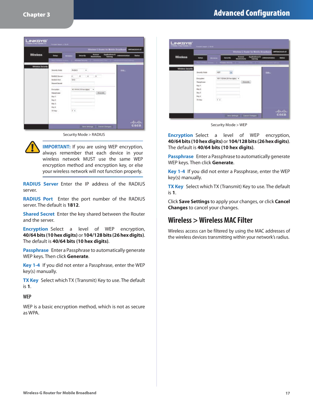 Linksys WRT54G3GV2-ST manual Wireless Wireless MAC Filter, Wep 